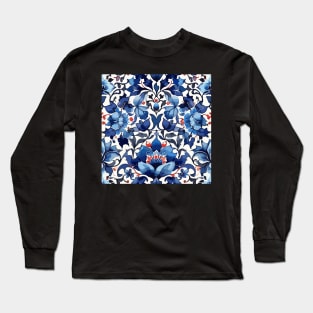 Blue Ottoman Pattern on White Long Sleeve T-Shirt